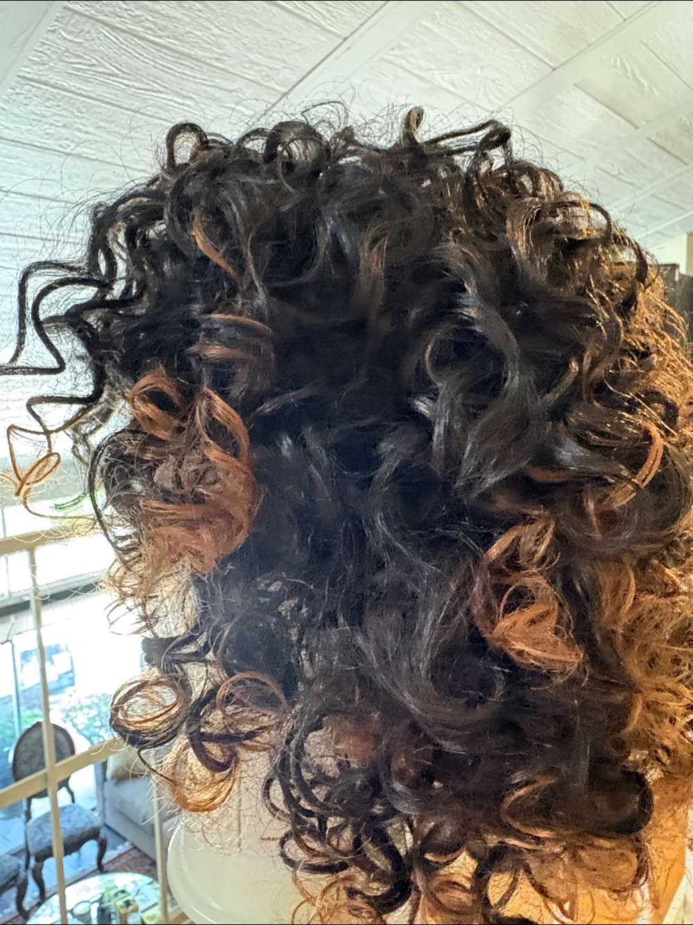BLK Headband WIG Curly Natural Black/Dark Reddish Blonde highlights. Not worn!